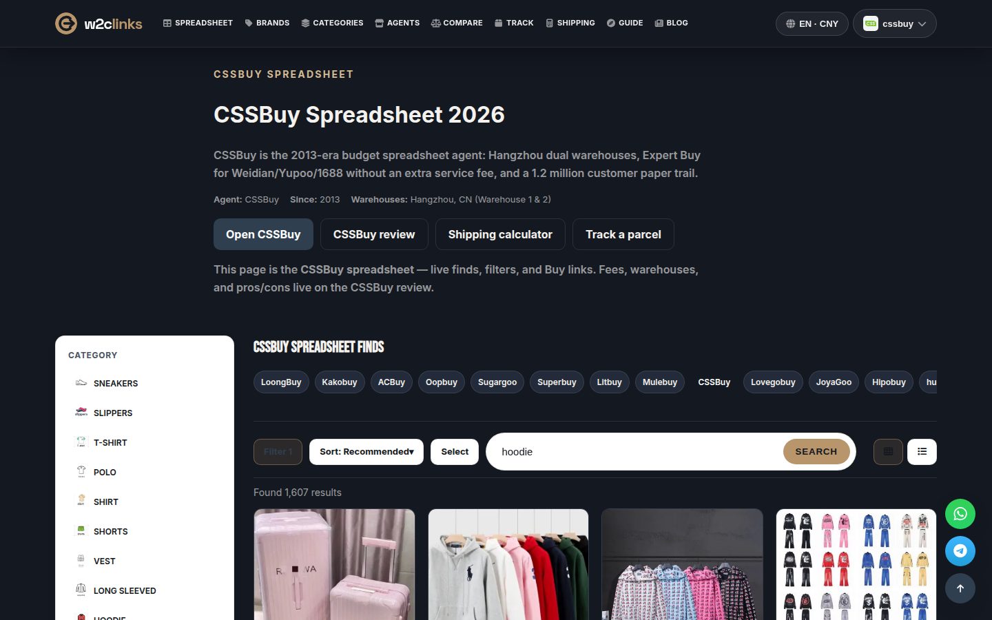 Hoodie-zoekopdracht in de CSSBuy-catalogus op w2clinks